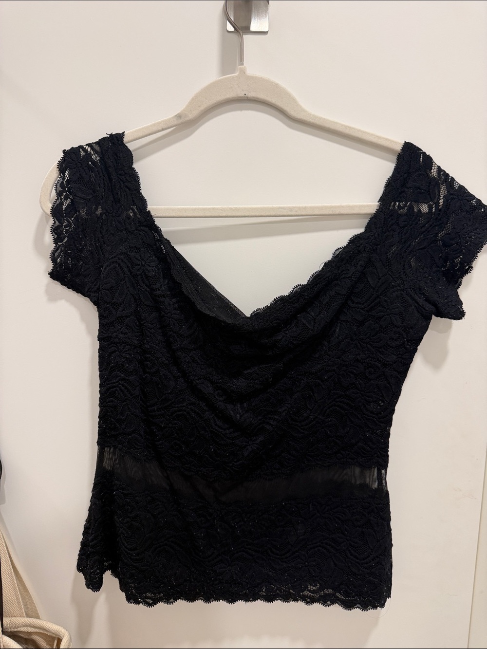 Black Lace Off-Shoulder Cowl Neck Blouse